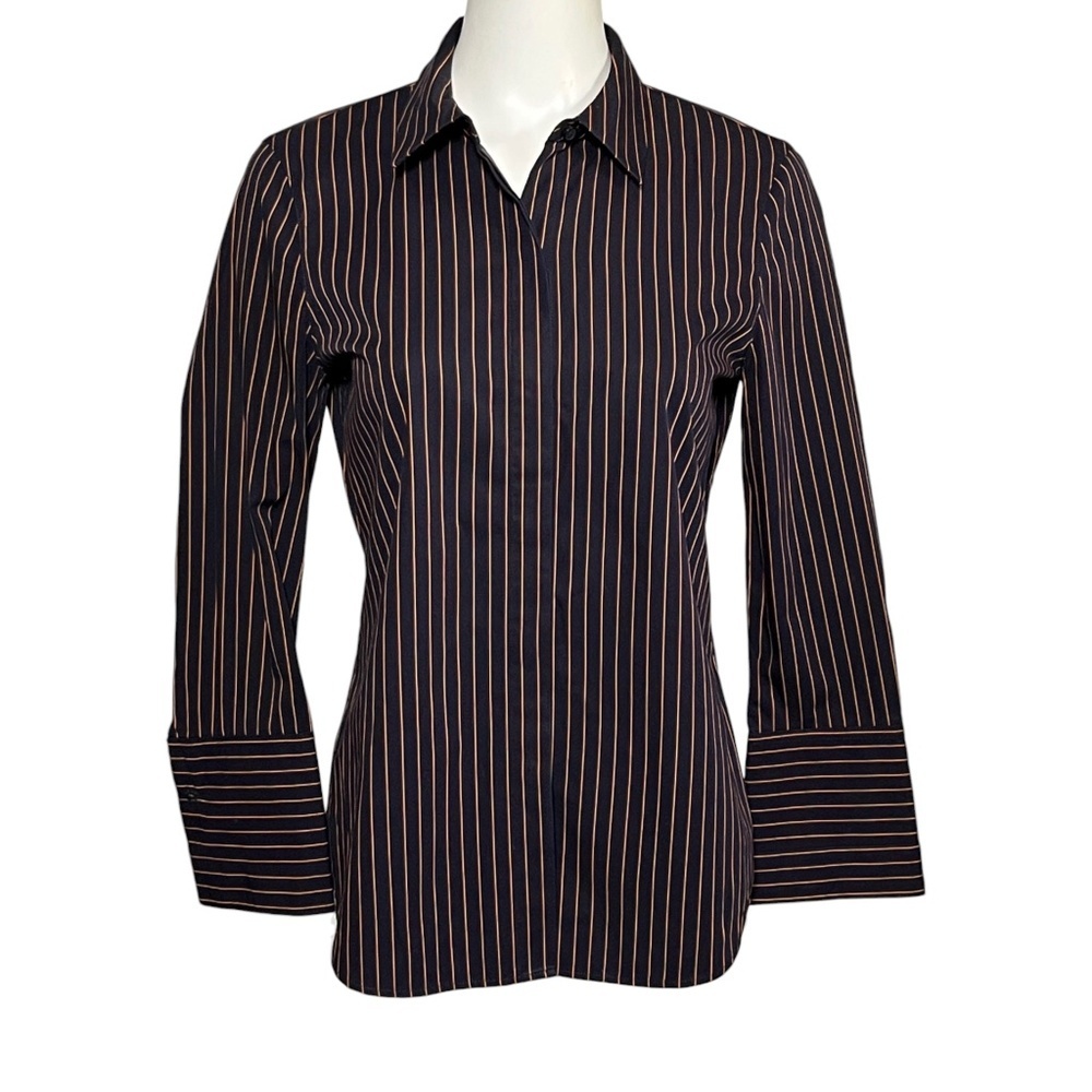 Lafayette 148 NY Striped Cotton Career Blouse 4 Navy Button Shirt